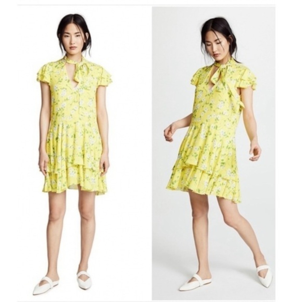 Alice + Olivia Yellow Floral Tie Neck Ruffle Mini Dress Short Sleeve